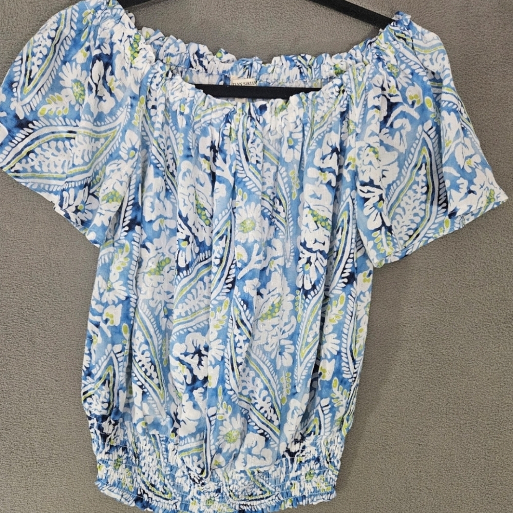 Christian Siriano Top, Size S, Floral, Blue / Green, Flutter Sleeve, Ruffle Neck - Picture 5 of 6